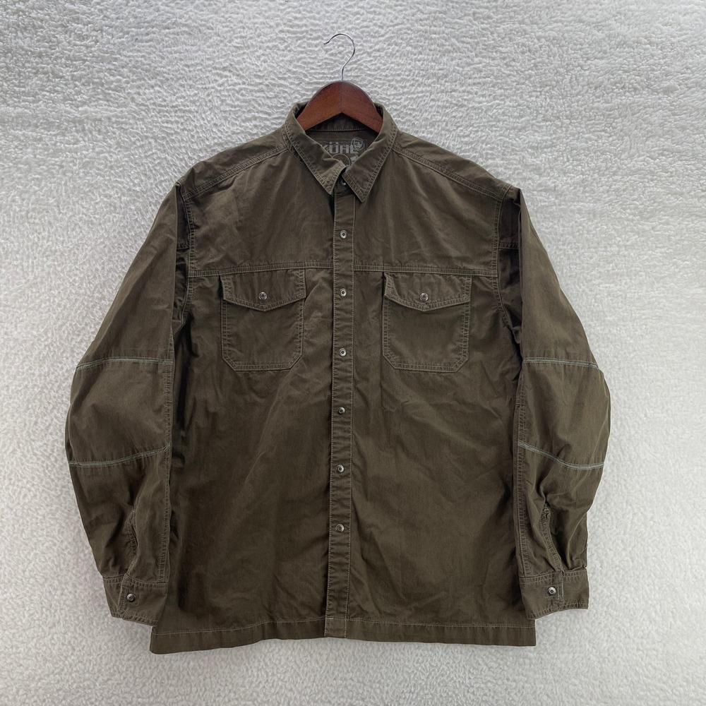 Kuhl Shirt Mens Large Brown Snap Canvas Hiking Gorpcore Outdoor Utility Granola